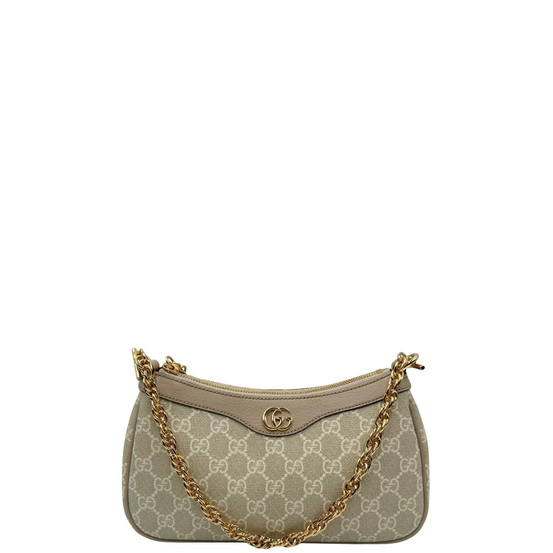 front Borsa Gucci realizzata in canvas GG Supreme color sabbia con finiture in pelle beige e hardware dorato, di lusso, originale, eccellenti condizioni. 