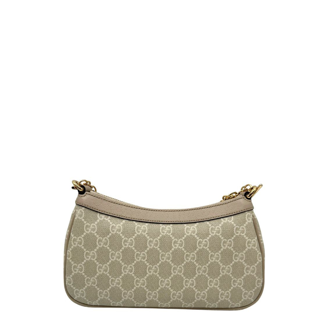 retro Borsa Gucci realizzata in canvas GG Supreme color sabbia con finiture in pelle beige e hardware dorato, di lusso, originale, eccellenti condizioni. 