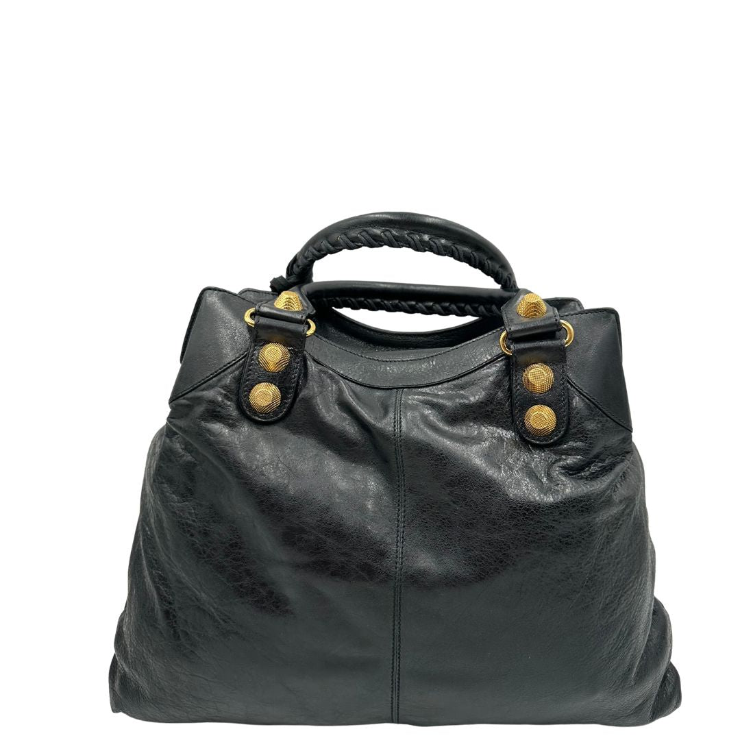 Borsa Balenciaga in pelle Arena nera con hardware dorato e doppi manici stondati, di lusso, originale, ottime condizioni, usata.
