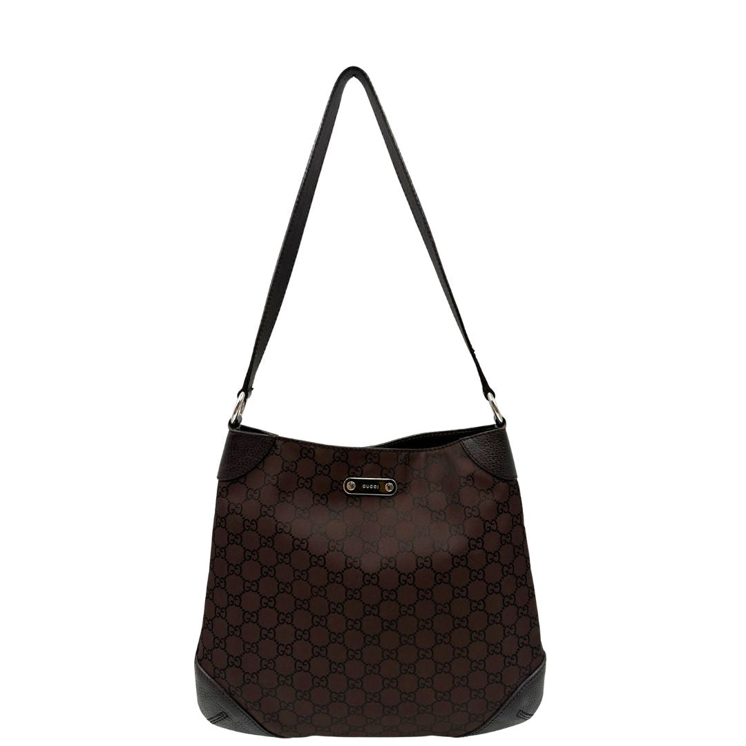front Borsa Gucci in tessuto GG marrone con finiture in pelle tono su tono, di lusso, originale, ottime condizioni 