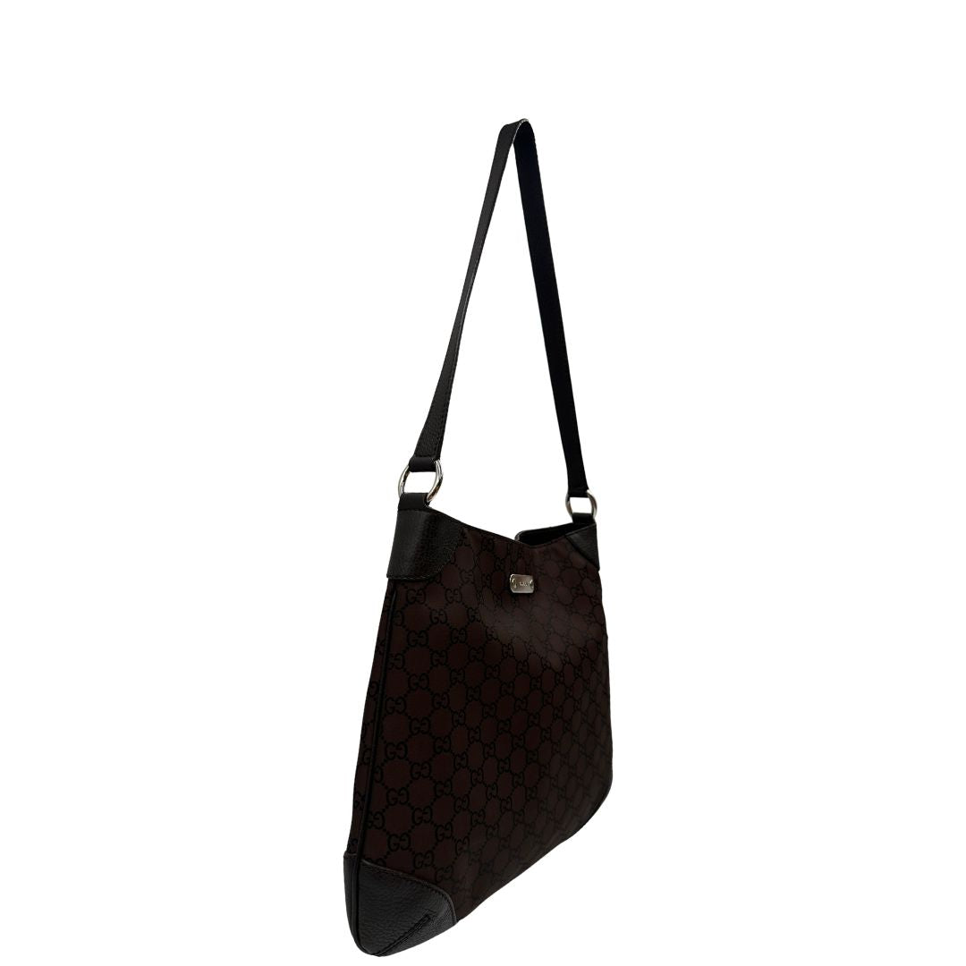 lato Borsa Gucci in tessuto GG marrone con finiture in pelle tono su tono, di lusso, originale, ottime condizioni 
