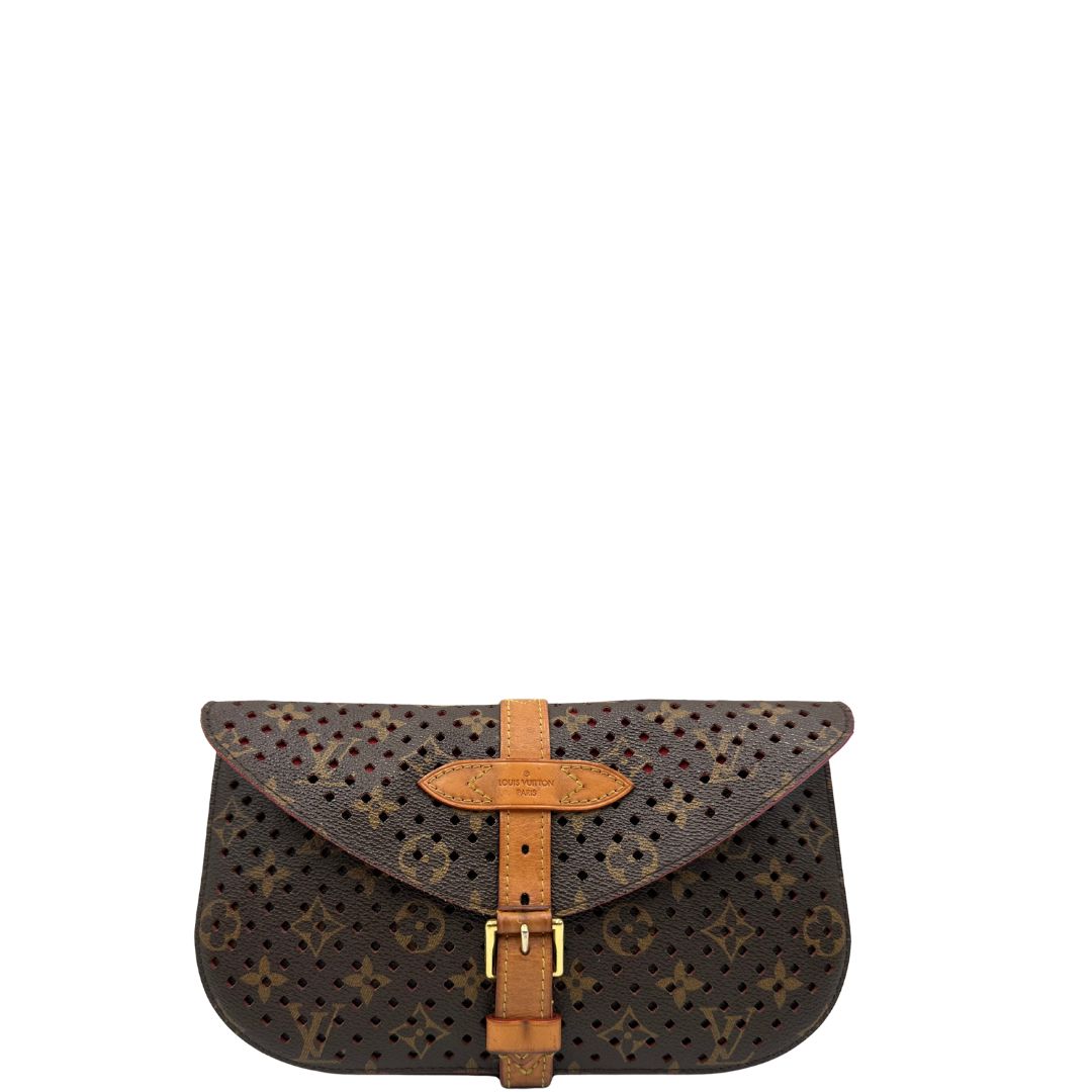 front Louis Vuitton pochette Saumur Flore in canvas monogram traforato e finiture in vacchetta naturale, di lusso, originale, ottime condizioni. 