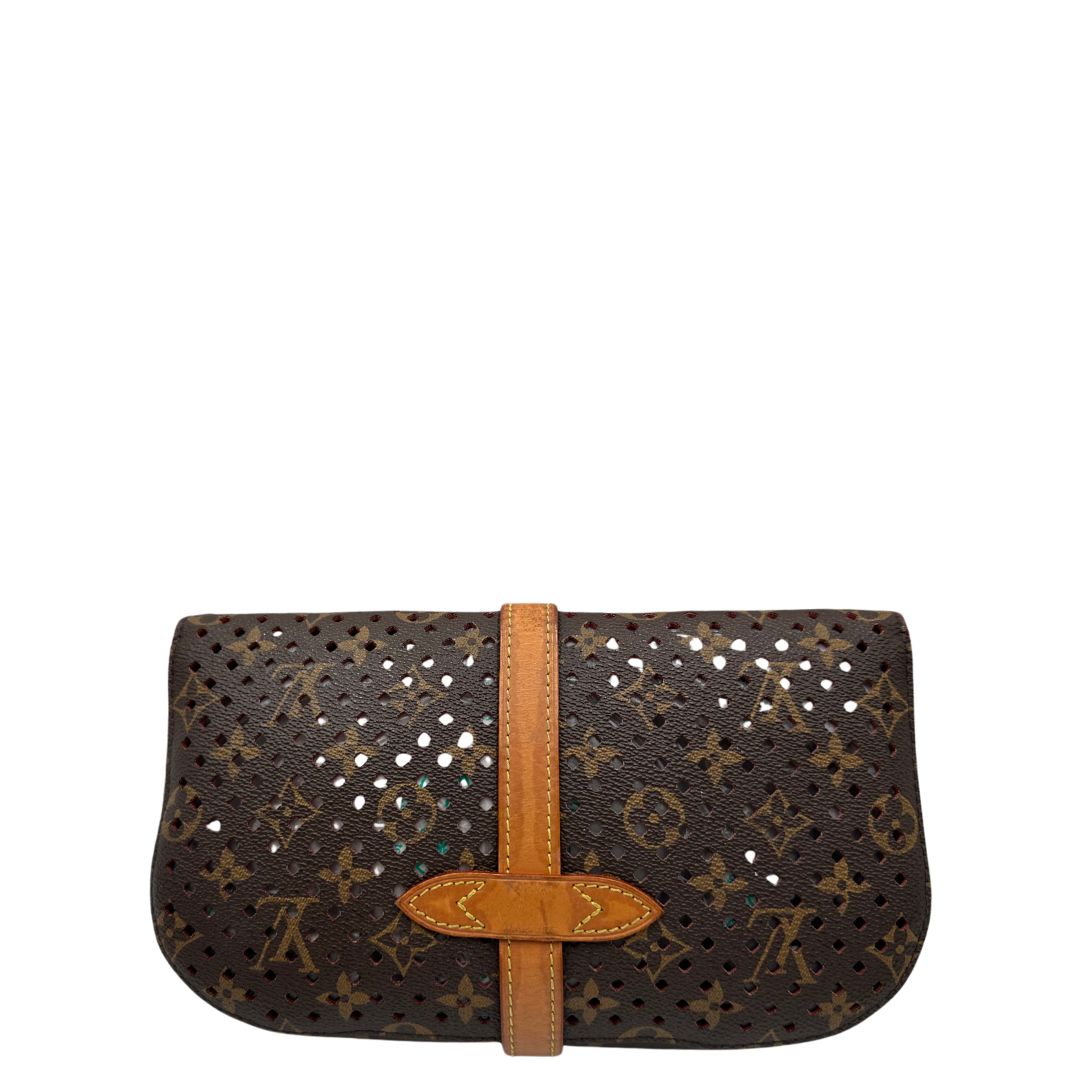 retro Louis Vuitton pochette Saumur Flore in canvas monogram traforato e finiture in vacchetta naturale, di lusso, originale, ottime condizioni. 
