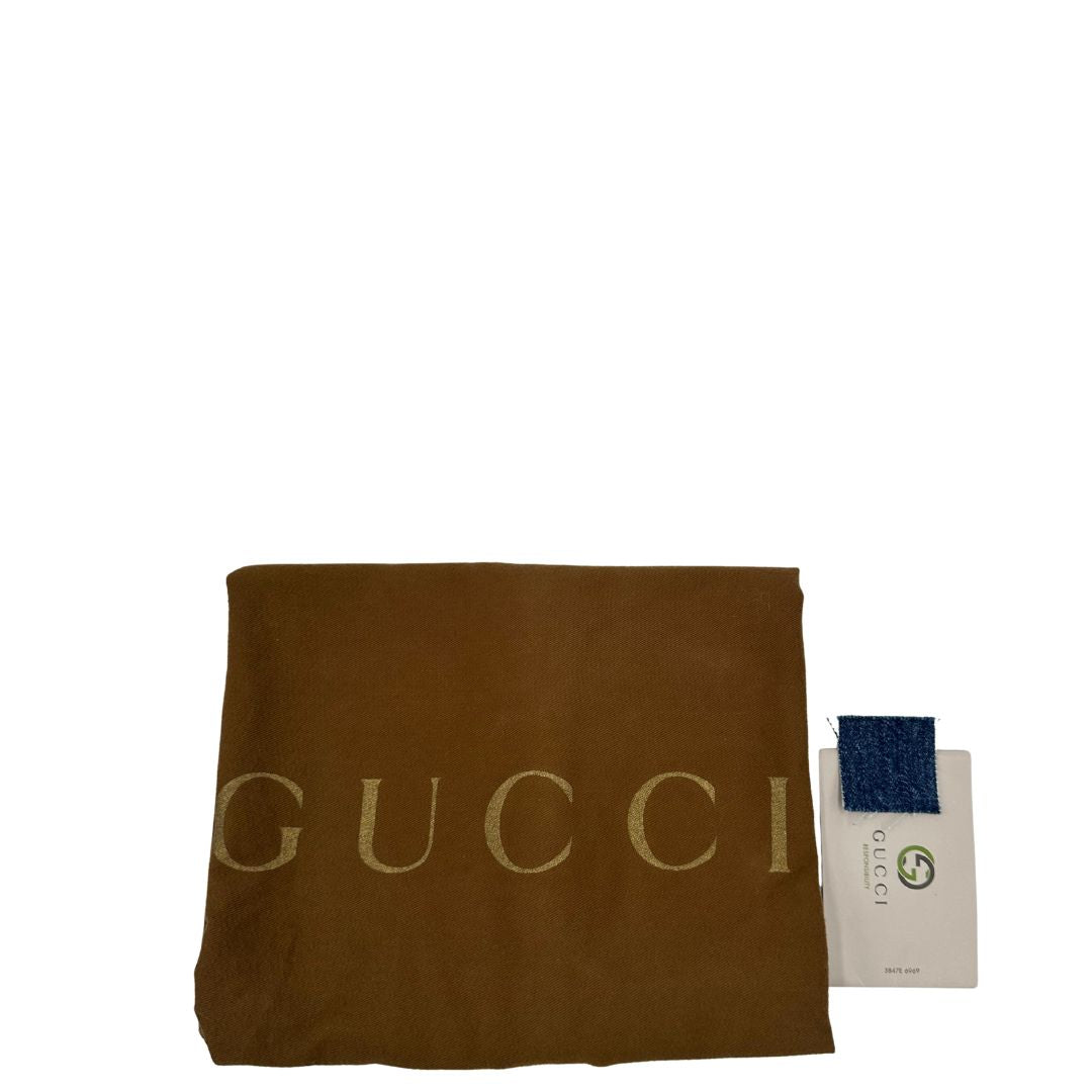Borsa Gucci in tessuto blu denim e finiture in pelle a contrasto marrone; indossabile a spalla