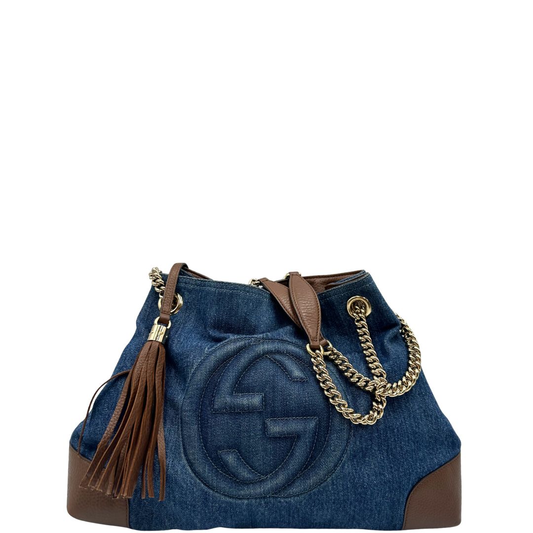 Borsa Gucci in tessuto blu denim e finiture in pelle a contrasto marrone; indossabile a spalla