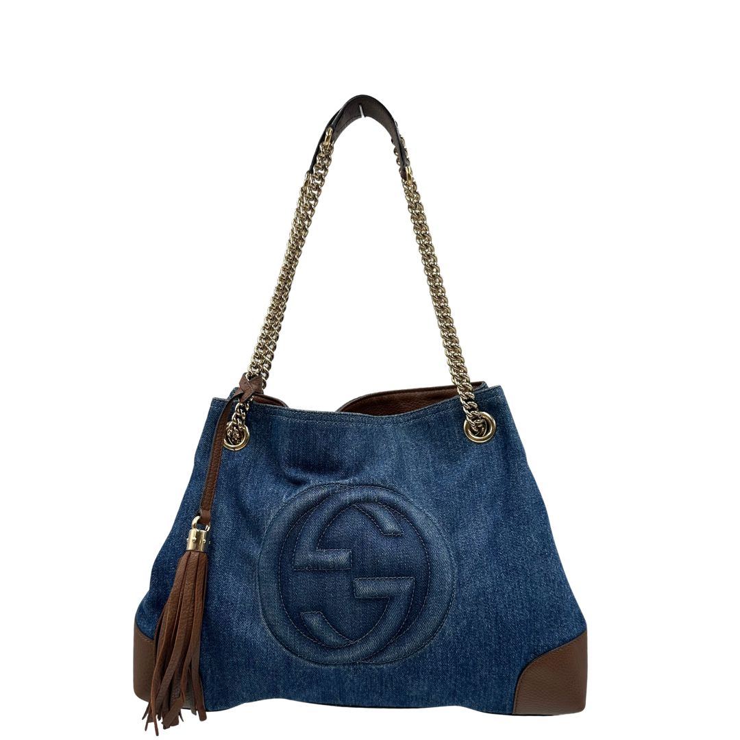 front Borsa Gucci in tessuto blu denim e finiture in pelle a contrasto marrone; indossabile a spalla 