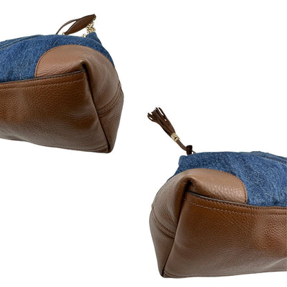 Borsa Gucci in tessuto blu denim e finiture in pelle a contrasto marrone; indossabile a spalla
