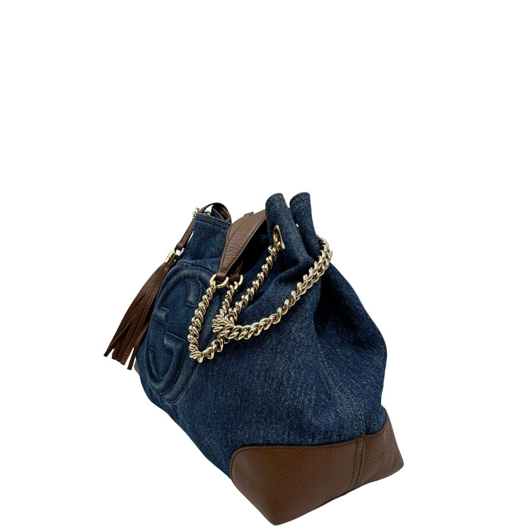 Borsa Gucci in tessuto blu denim e finiture in pelle a contrasto marrone; indossabile a spalla