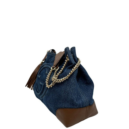 Borsa Gucci in tessuto blu denim e finiture in pelle a contrasto marrone; indossabile a spalla