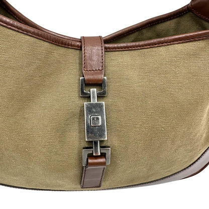 Borsa Gucci in tessuto e finiture in pelle marroni con hardware effetto renio, indossabile a spalla, di lusso, originale, ottime condizioni, usata.