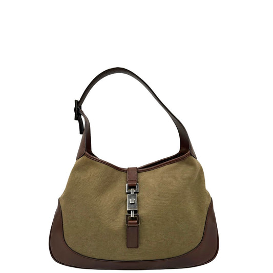 Borsa Gucci in tessuto e finiture in pelle marroni con hardware effetto renio, indossabile a spalla, di lusso, originale, ottime condizioni, usata.