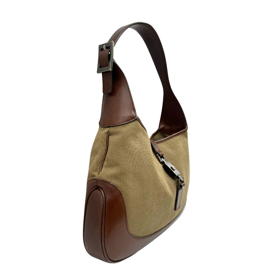 Borsa Gucci in tessuto e finiture in pelle marroni con hardware effetto renio, indossabile a spalla, di lusso, originale, ottime condizioni, usata.