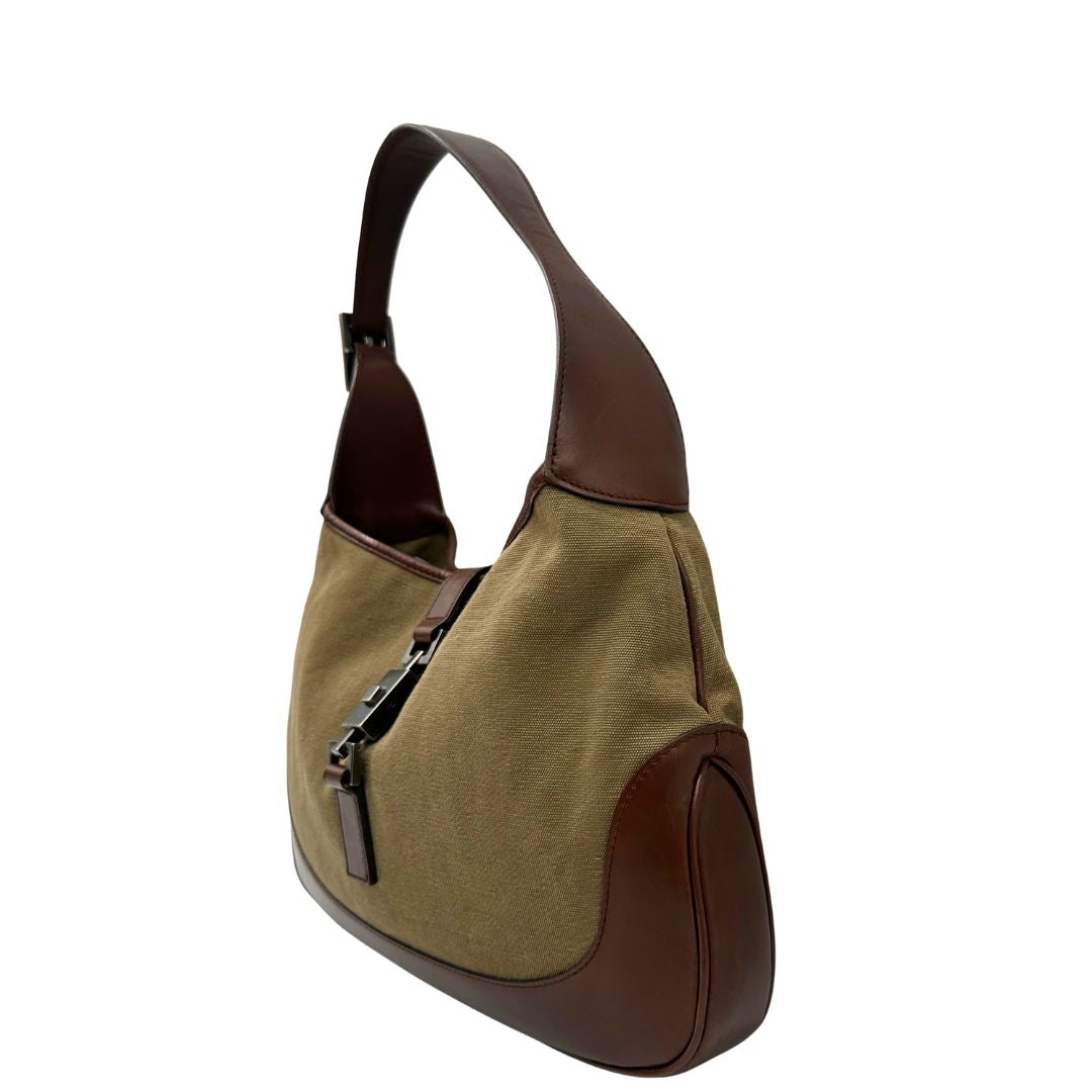 Borsa Gucci in tessuto e finiture in pelle marroni con hardware effetto renio, indossabile a spalla, di lusso, originale, ottime condizioni, usata.