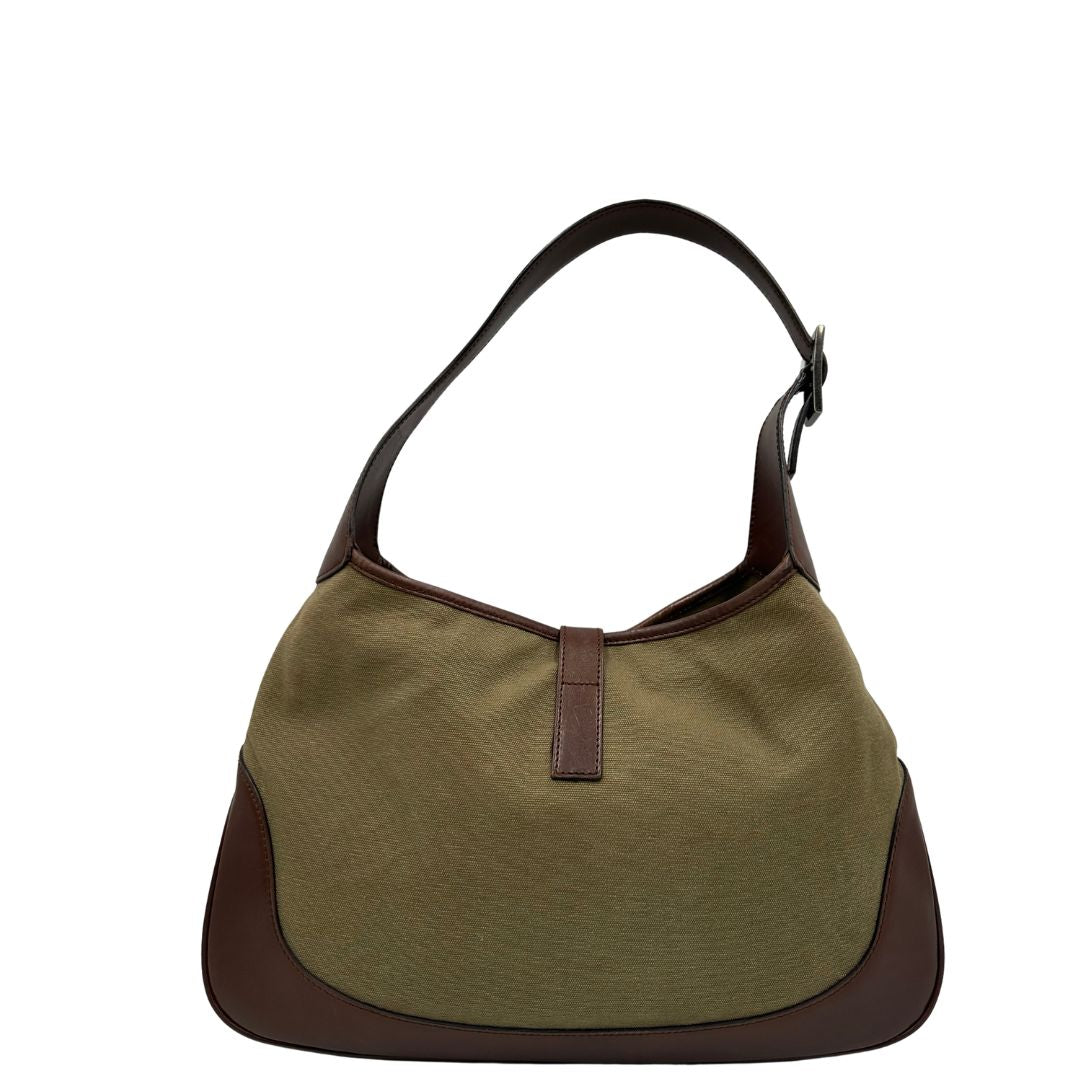 Borsa Gucci in tessuto e finiture in pelle marroni con hardware effetto renio, indossabile a spalla, di lusso, originale, ottime condizioni, usata.