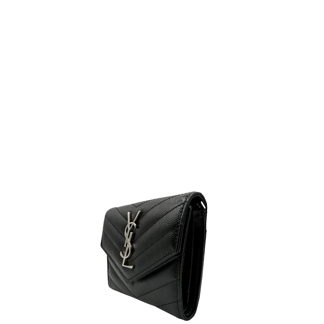 Portafoglio Saint Laurent, modello Cassandre in pelle nera con logo sul front argentato, di lusso, originale, eccellenti condizioni.