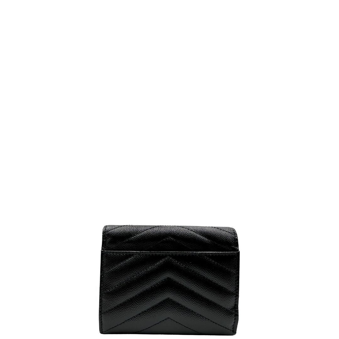Portafoglio Saint Laurent, modello Cassandre in pelle nera con logo sul front argentato, di lusso, originale, eccellenti condizioni.