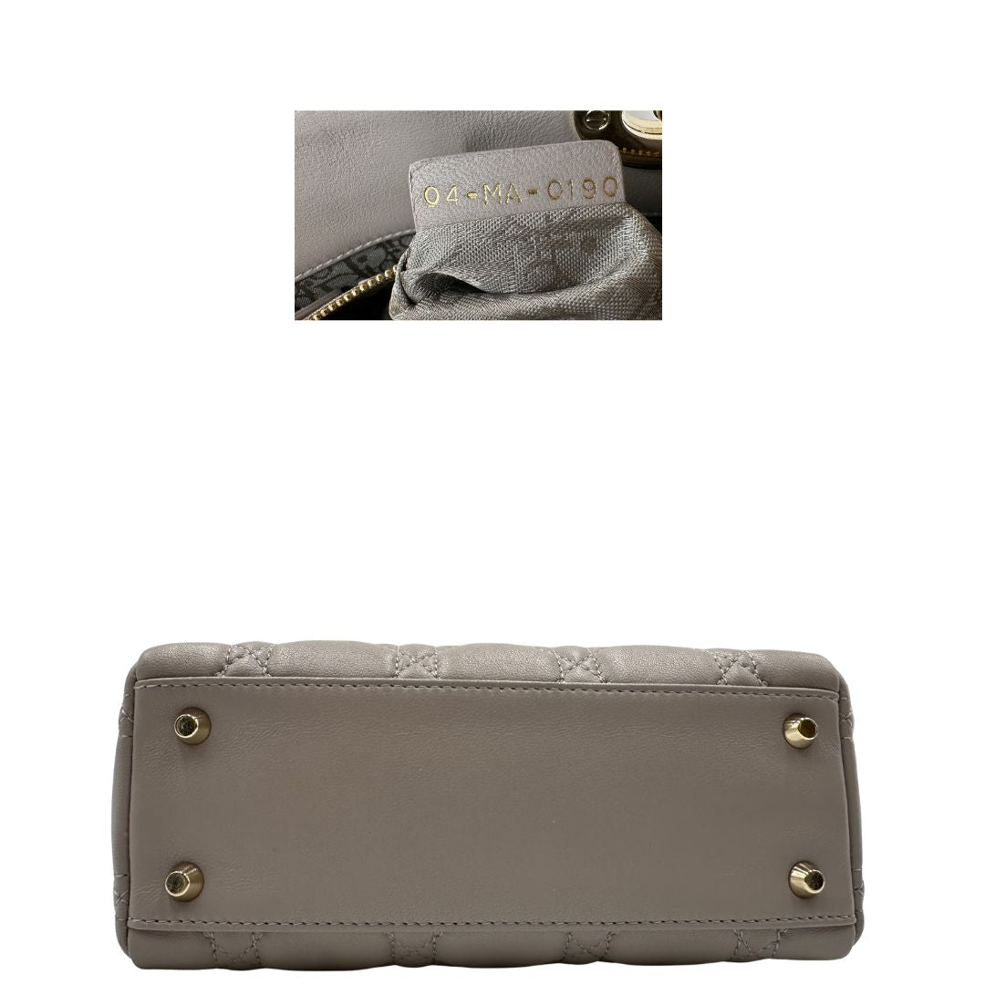 base  Borsa Lady Dior realizzata in pelle di agnello grigia con cuciture Cannage, di lusso, originale, ottime condizioni. 
