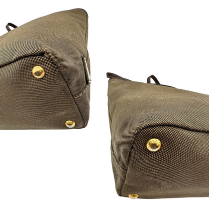  Borsa Prada in tessuto Jacquard munita di doppi manici in pelle marrone, di lusso, originale, ottime condizioni, usata.
