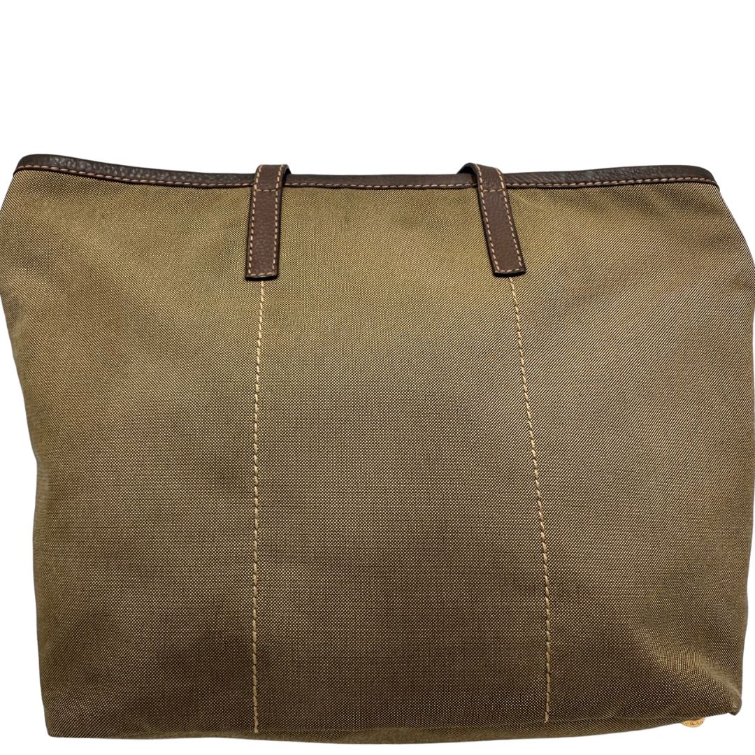  Borsa Prada in tessuto Jacquard munita di doppi manici in pelle marrone, di lusso, originale, ottime condizioni, usata.