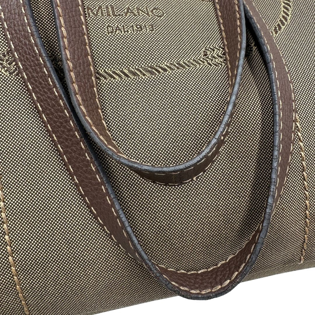  Borsa Prada in tessuto Jacquard munita di doppi manici in pelle marrone, di lusso, originale, ottime condizioni, usata.