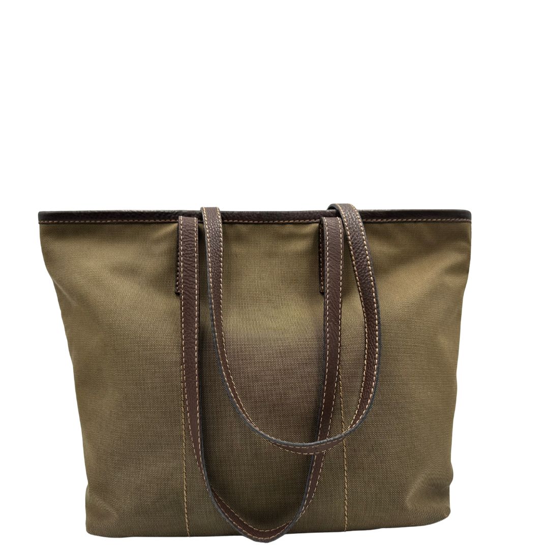  Borsa Prada in tessuto Jacquard munita di doppi manici in pelle marrone, di lusso, originale, ottime condizioni, usata.