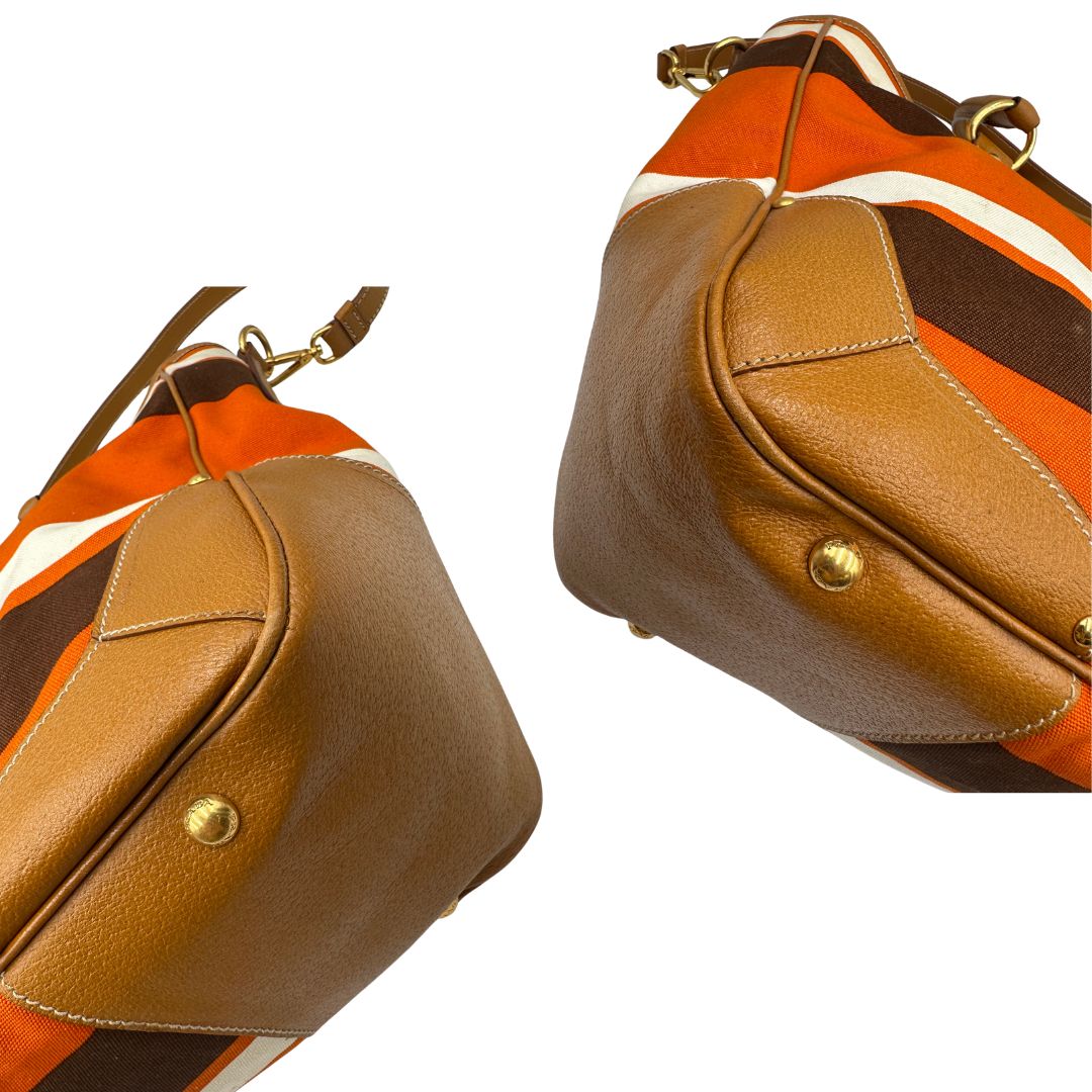 angoli  Borsa Prada in canapa multicolore con finiture in pelle color cammello, di lusso, originale, ottime condizioni.
