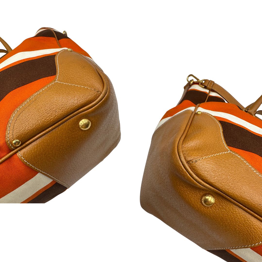angoli  Borsa Prada in canapa multicolore con finiture in pelle color cammello, di lusso, originale, ottime condizioni. 