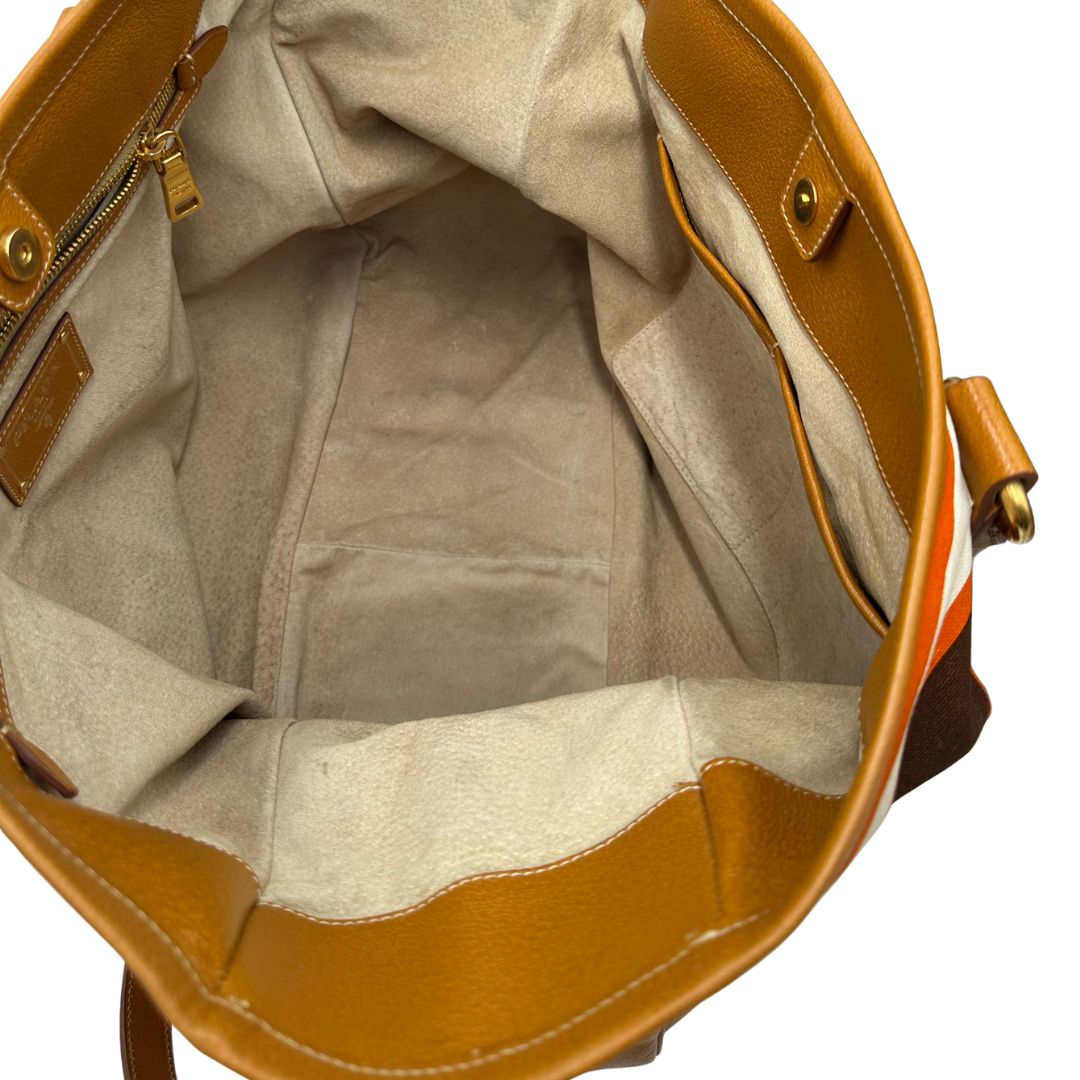 interno  Borsa Prada in canapa multicolore con finiture in pelle color cammello, di lusso, originale, ottime condizioni. 