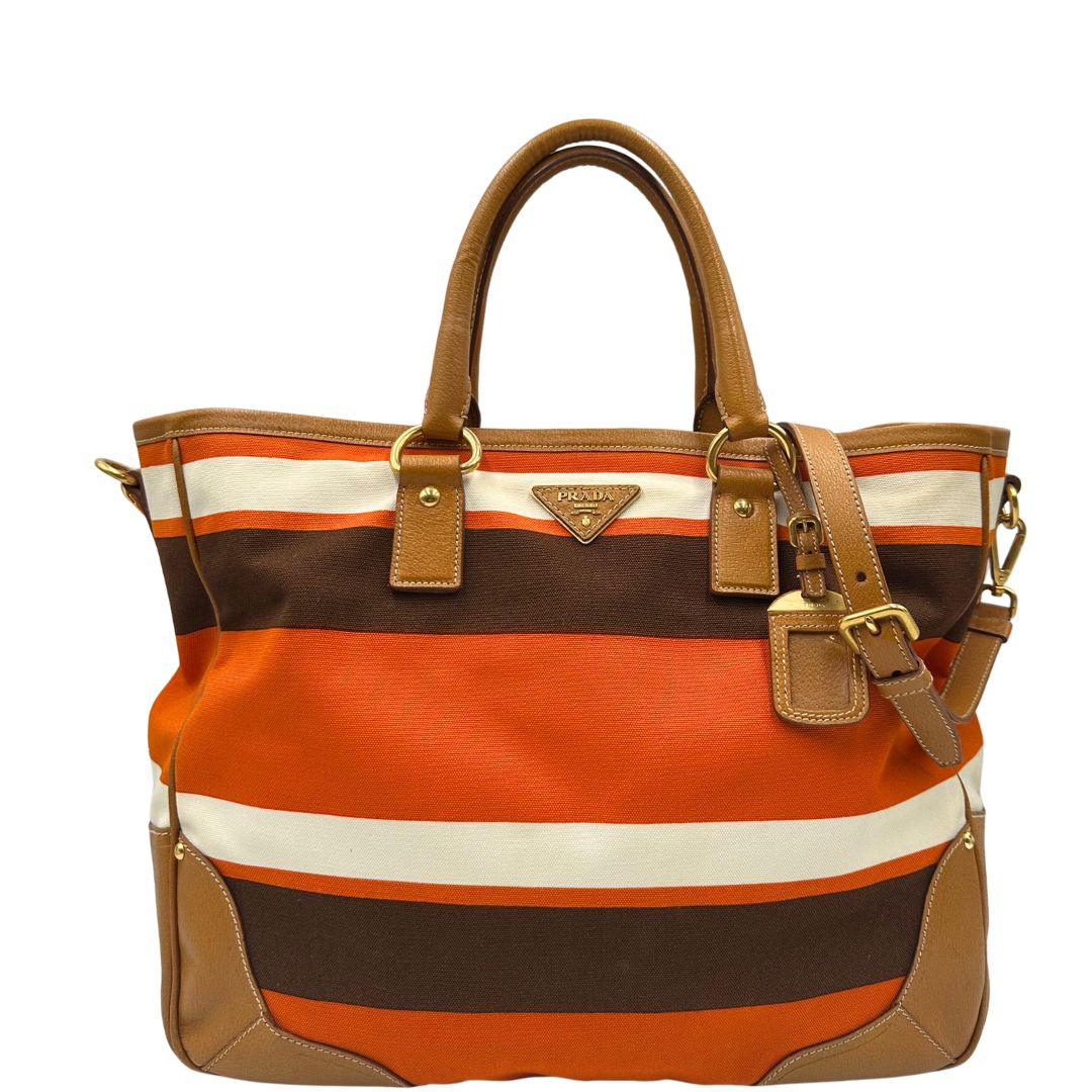 front  Borsa Prada in canapa multicolore con finiture in pelle color cammello, di lusso, originale, ottime condizioni. 