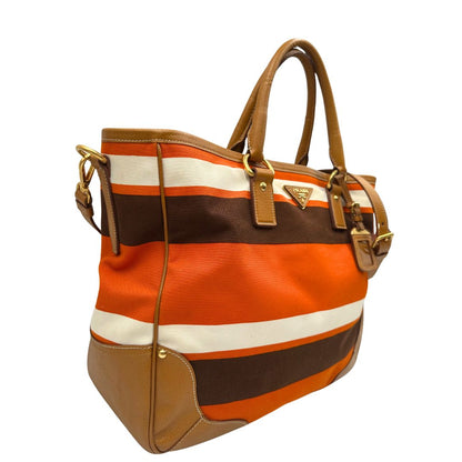lato  Borsa Prada in canapa multicolore con finiture in pelle color cammello, di lusso, originale, ottime condizioni. 