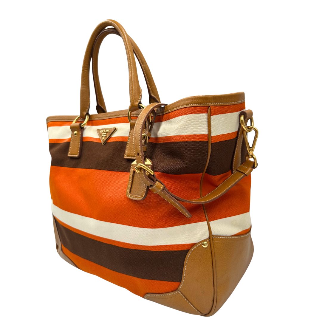 lato  Borsa Prada in canapa multicolore con finiture in pelle color cammello, di lusso, originale, ottime condizioni.