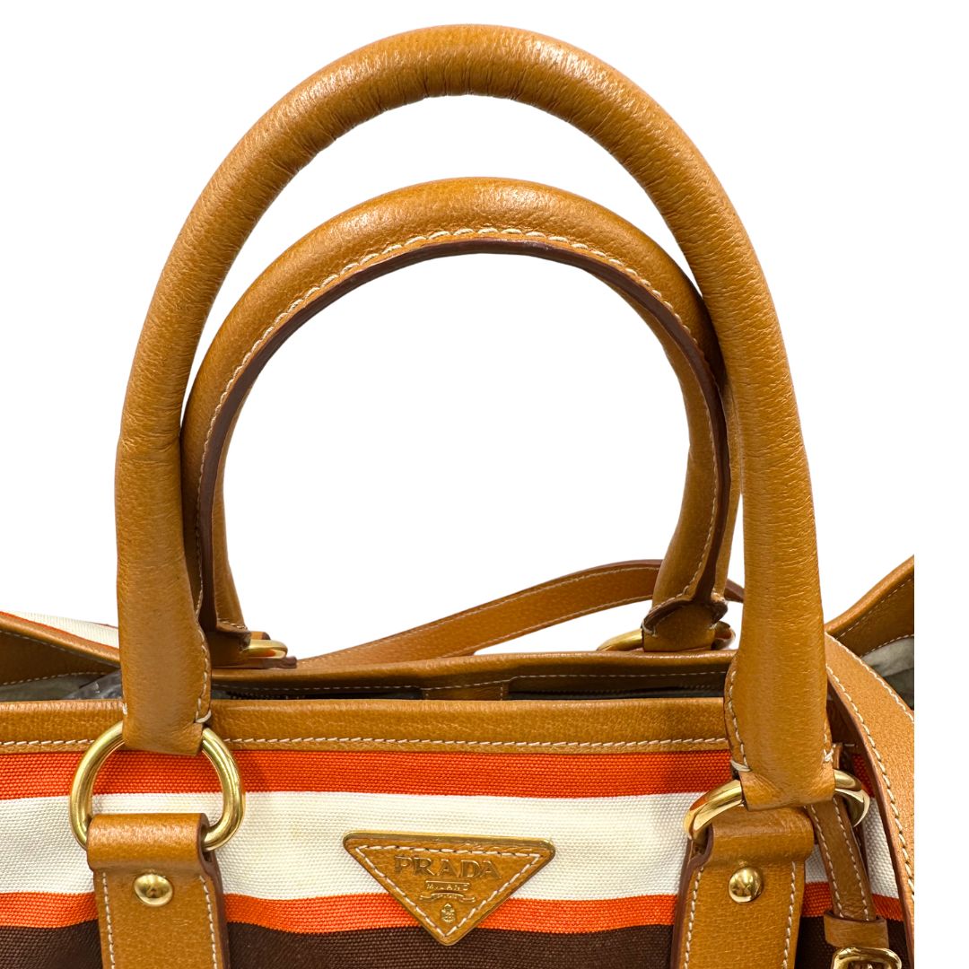 manici  Borsa Prada in canapa multicolore con finiture in pelle color cammello, di lusso, originale, ottime condizioni. 