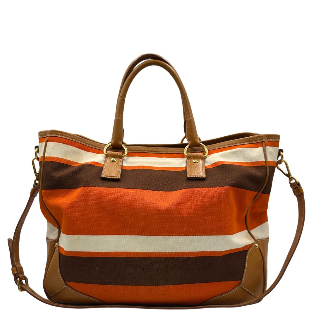retro  Borsa Prada in canapa multicolore con finiture in pelle color cammello, di lusso, originale, ottime condizioni. 