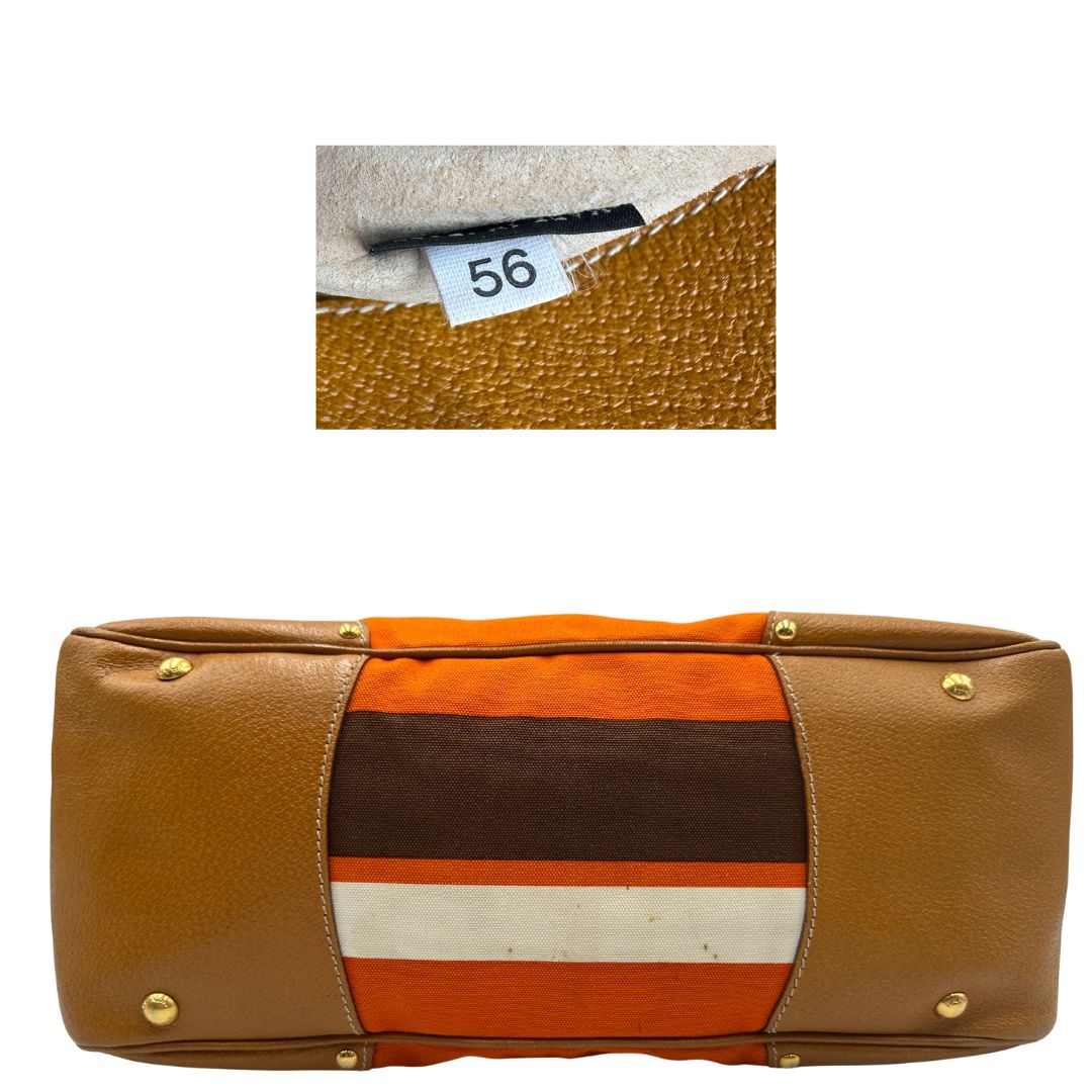 base   Borsa Prada in canapa multicolore con finiture in pelle color cammello, di lusso, originale, ottime condizioni.