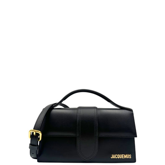 front  Borsa Jacquemus in pelle nera con hardware dorato, indossabile a mano o a tracolla, di lusso, originale, ottime condizioni, usata.