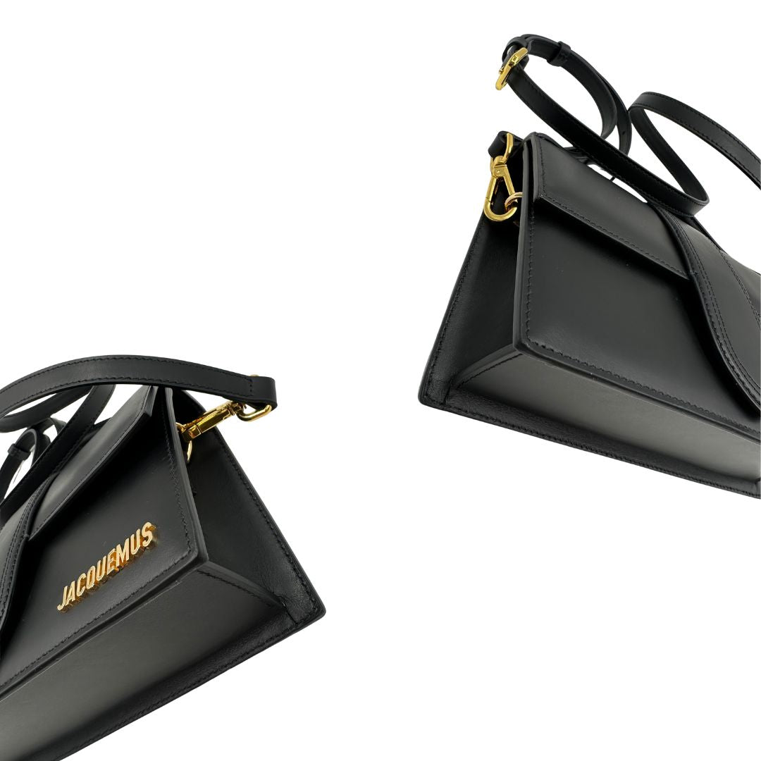 Angoli Borsa Jacquemus in pelle nera con hardware dorato, indossabile a mano o a tracolla, di lusso, originale, ottime condizioni, usata.