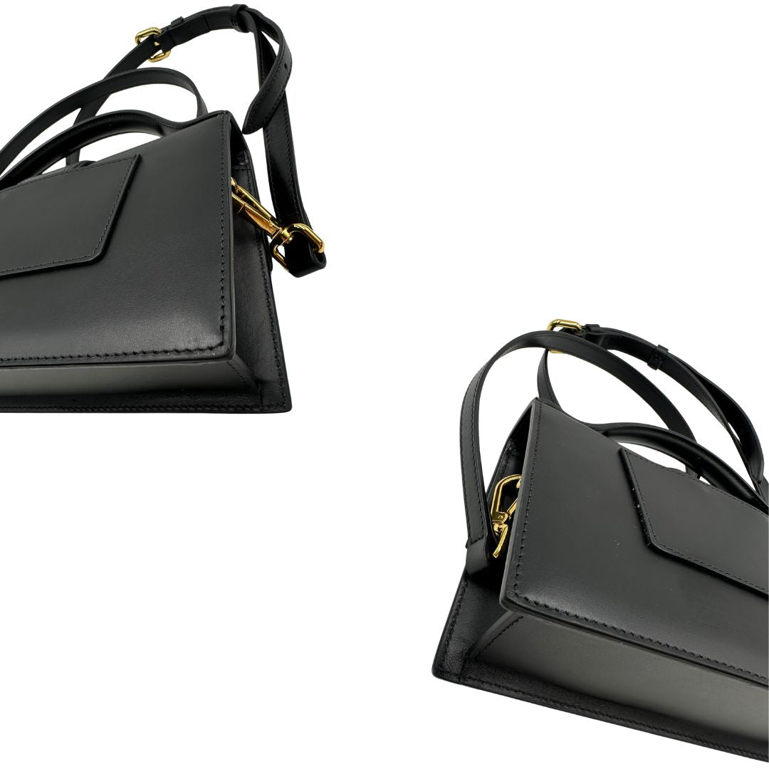 Angoli Borsa Jacquemus in pelle nera con hardware dorato, indossabile a mano o a tracolla, di lusso, originale, ottime condizioni, usata.