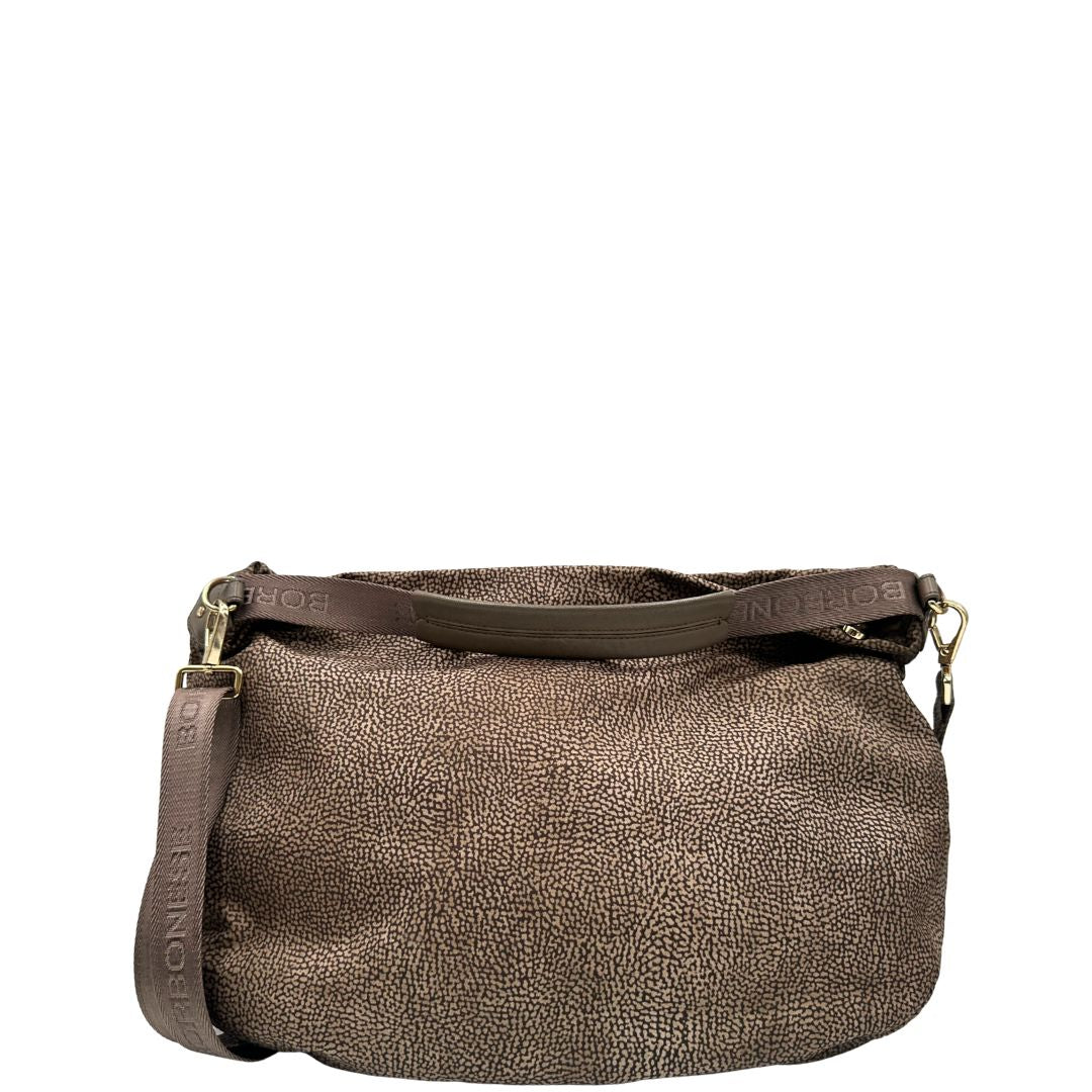 Front, Borsa Borbonese in tessuto nylon color beige trama occhio di pernice con finiture in pelle bronzo. Indossabile a spalla, a mano, oppure a tracolla. Originale, usata, di lusso, in ottime  condizioni.