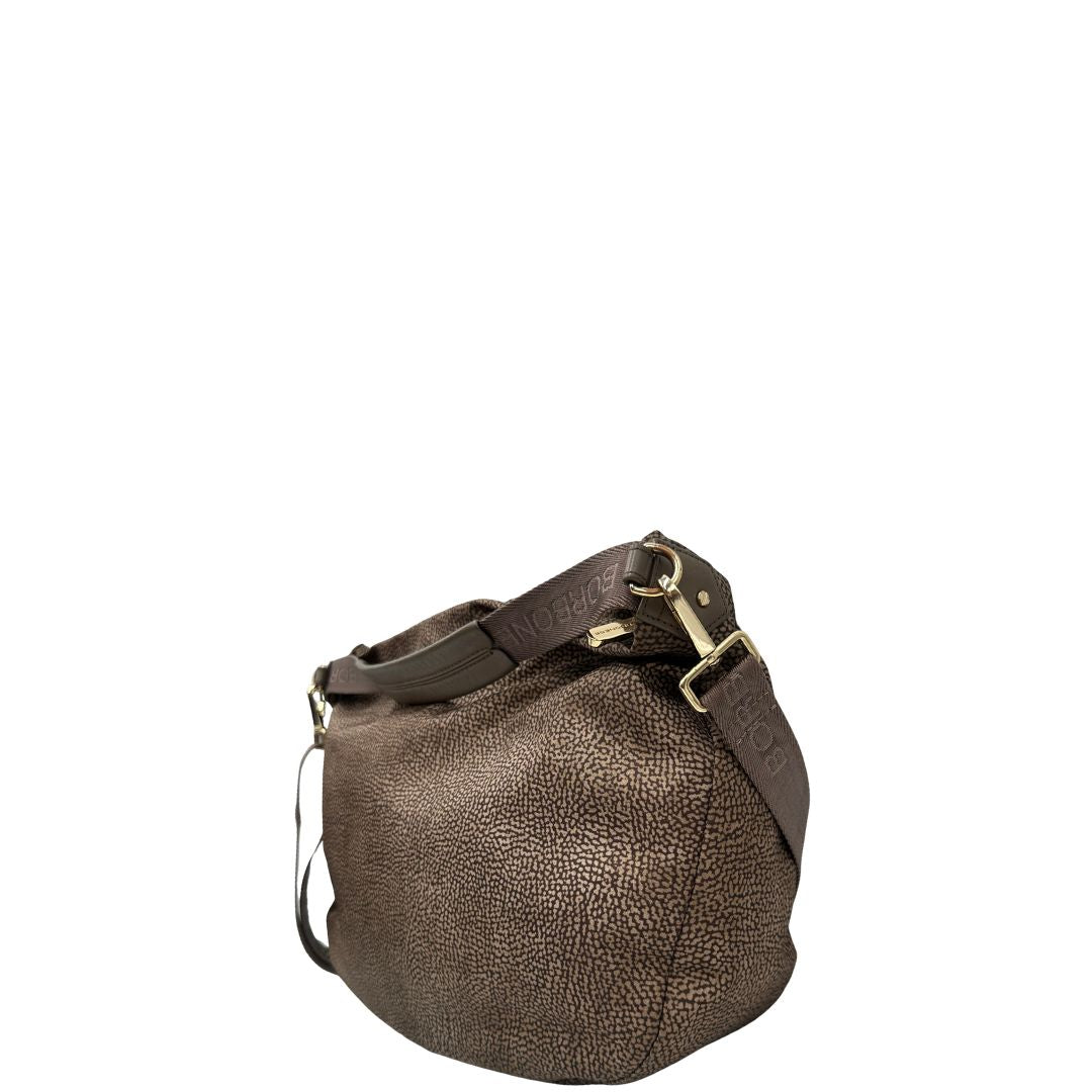 Laterale, Borsa Borbonese in tessuto nylon color beige trama occhio di pernice con finiture in pelle bronzo. Indossabile a spalla, a mano, oppure a tracolla. Originale, usata, di lusso, in ottime  condizioni.