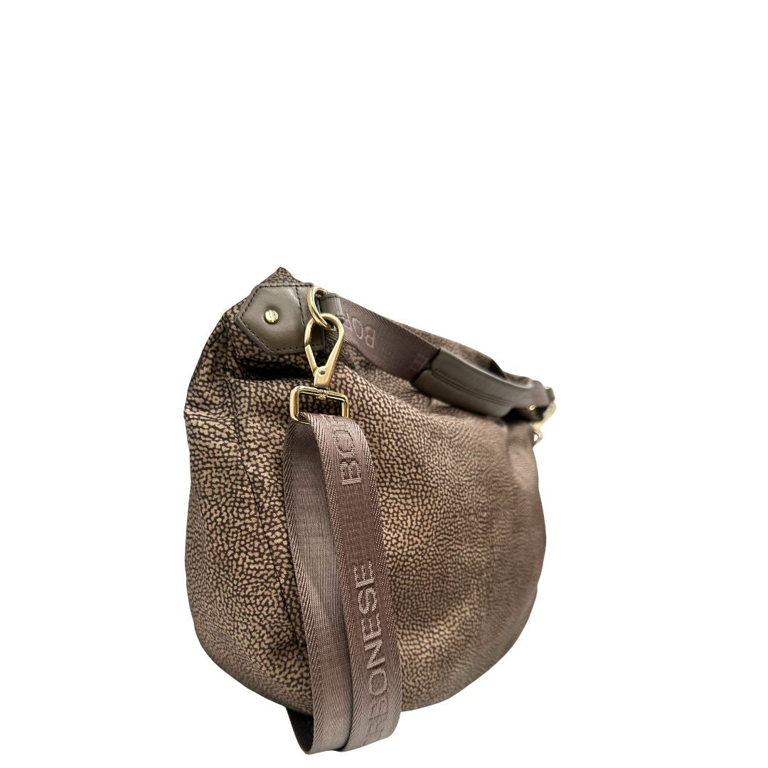 Laterale, Borsa Borbonese in tessuto nylon color beige trama occhio di pernice con finiture in pelle bronzo. Indossabile a spalla, a mano, oppure a tracolla. Originale, usata, di lusso, in ottime  condizioni.
