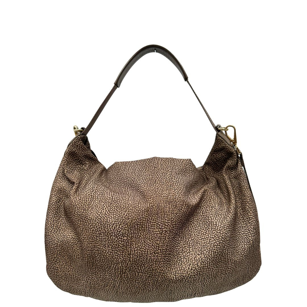 Front, Borsa Borbonese in tessuto nylon color beige trama occhio di pernice con finiture in pelle bronzo. Indossabile a spalla, a mano, oppure a tracolla. Originale, usata, di lusso, in ottime  condizioni.