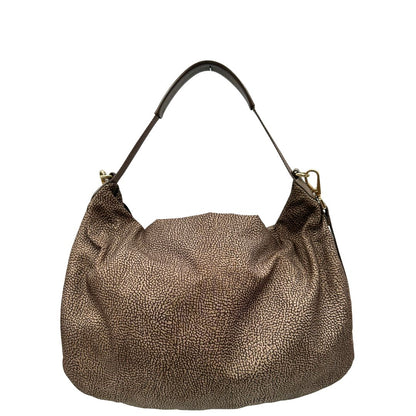 Front, Borsa Borbonese in tessuto nylon color beige trama occhio di pernice con finiture in pelle bronzo. Indossabile a spalla, a mano, oppure a tracolla. Originale, usata, di lusso, in ottime  condizioni.