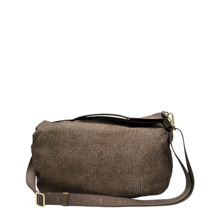 Retro, Borsa Borbonese in tessuto nylon color beige trama occhio di pernice con finiture in pelle bronzo. Indossabile a spalla, a mano, oppure a tracolla. Originale, usata, di lusso, in ottime  condizioni.