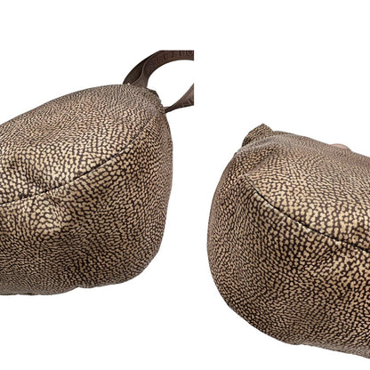 Angoli, Borsa Borbonese in tessuto nylon color beige trama occhio di pernice con finiture in pelle bronzo. Indossabile a spalla, a mano, oppure a tracolla. Originale, usata, di lusso, in ottime  condizioni.