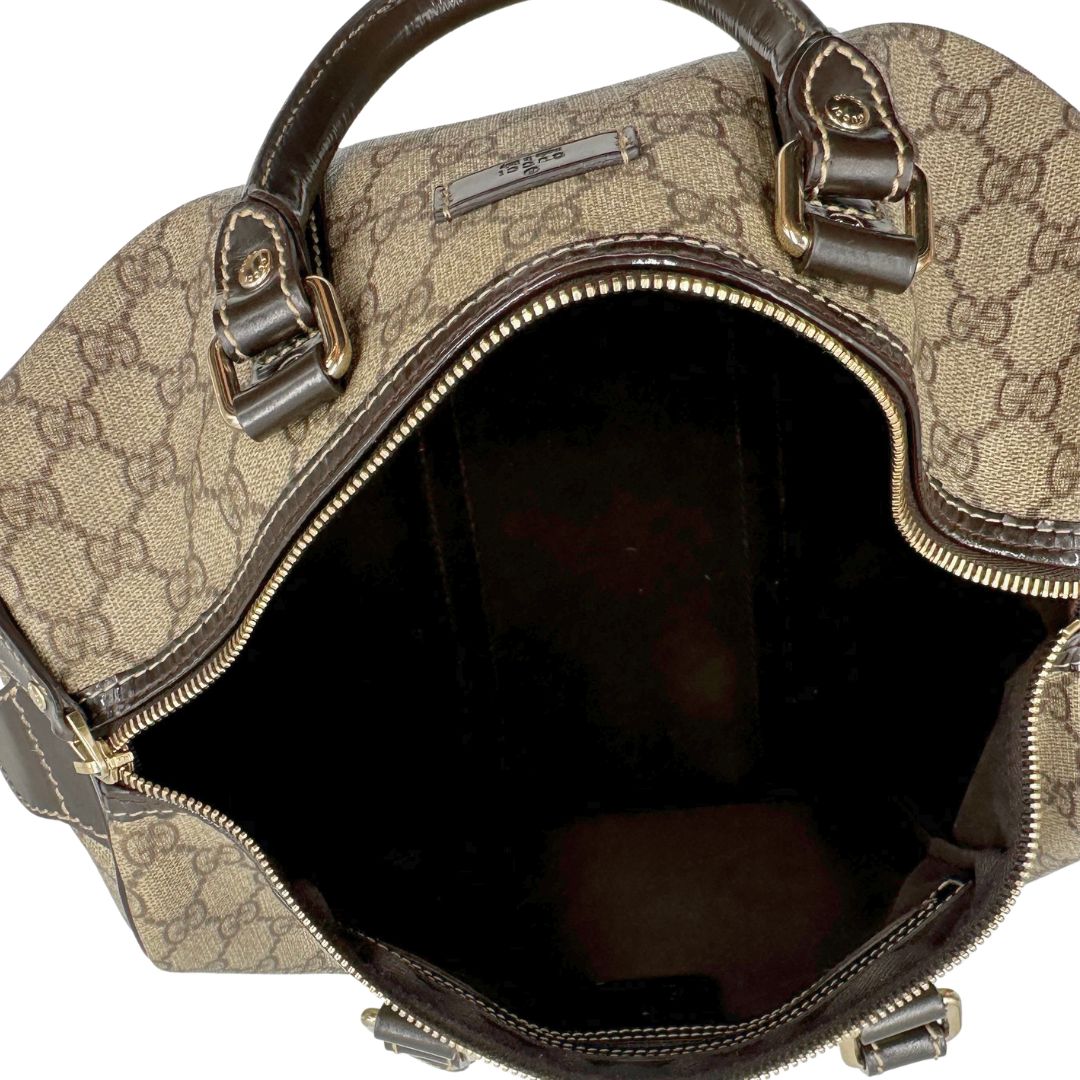 interno Bauletto Gucci GG Boston con finiture in pelle marroni, di lusso, originale, ottime condizioni.