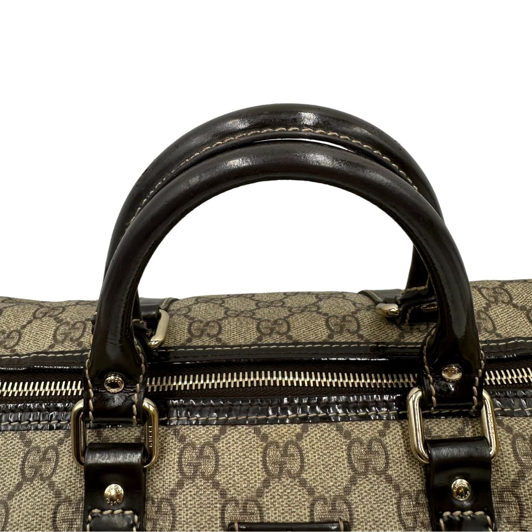 manici Bauletto Gucci GG Boston con finiture in pelle marroni, di lusso, originale, ottime condizioni. 