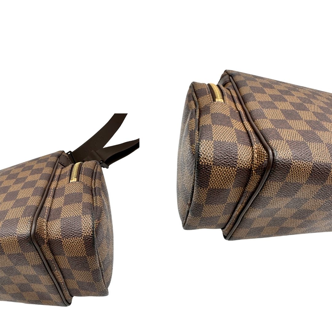 Borsa Louis Vuitton in canvas Damier Ébène con finiture in pelle marrone e dettagli hardware dorati. Design elegante e funzionale, di lusso, originale