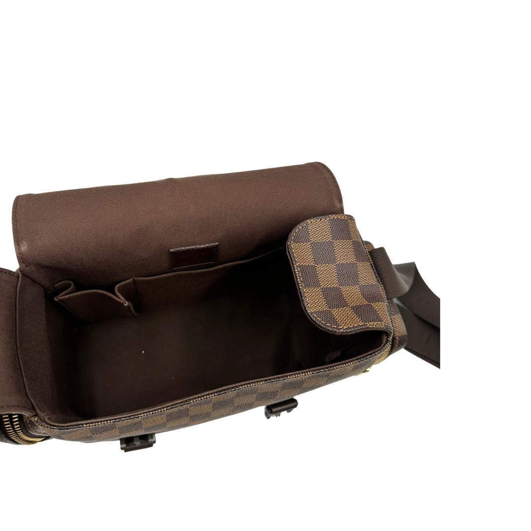 Borsa Louis Vuitton in canvas Damier Ébène con finiture in pelle marrone e dettagli hardware dorati. Design elegante e funzionale, di lusso, originale