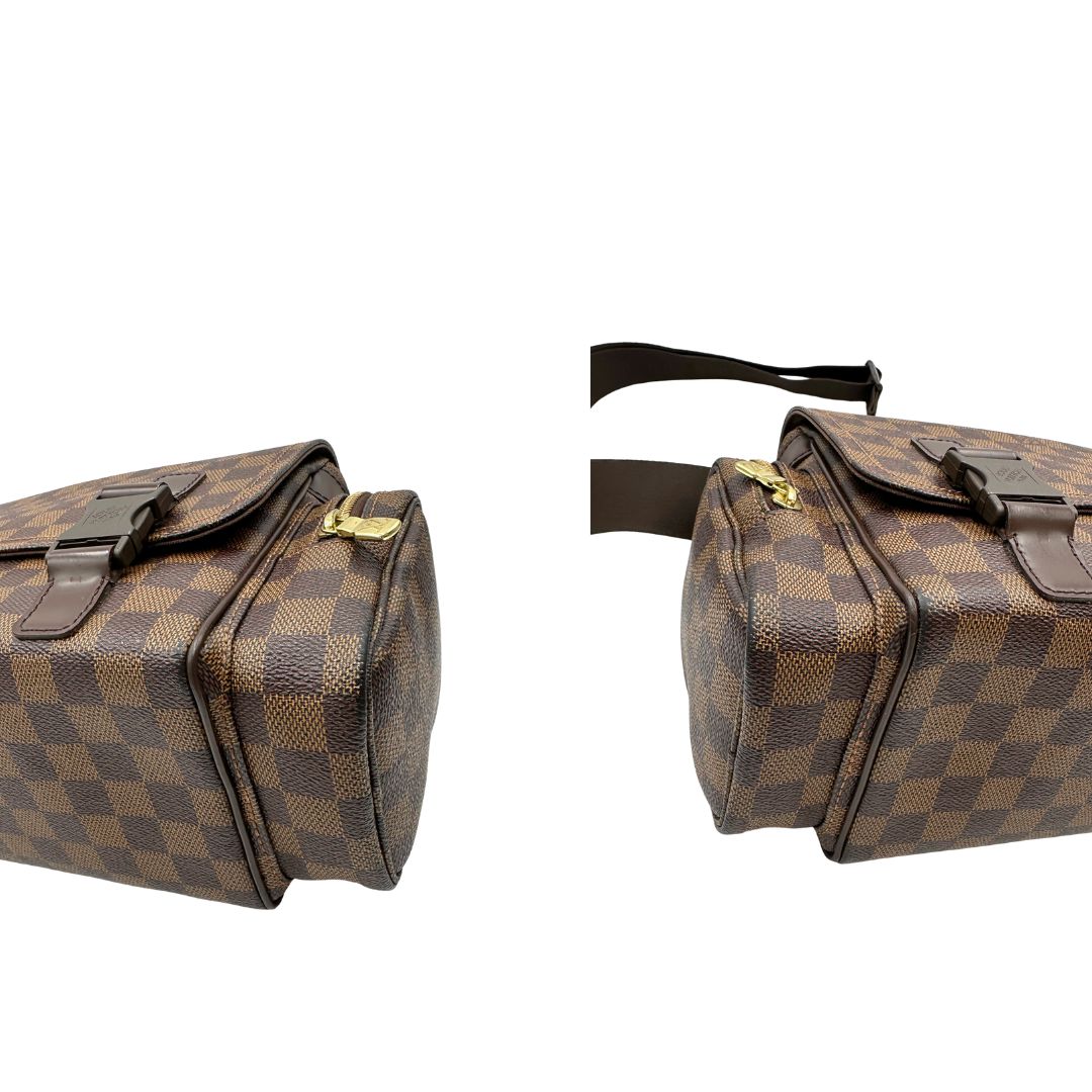 Borsa Louis Vuitton in canvas Damier Ébène con finiture in pelle marrone e dettagli hardware dorati. Design elegante e funzionale, di lusso, originale