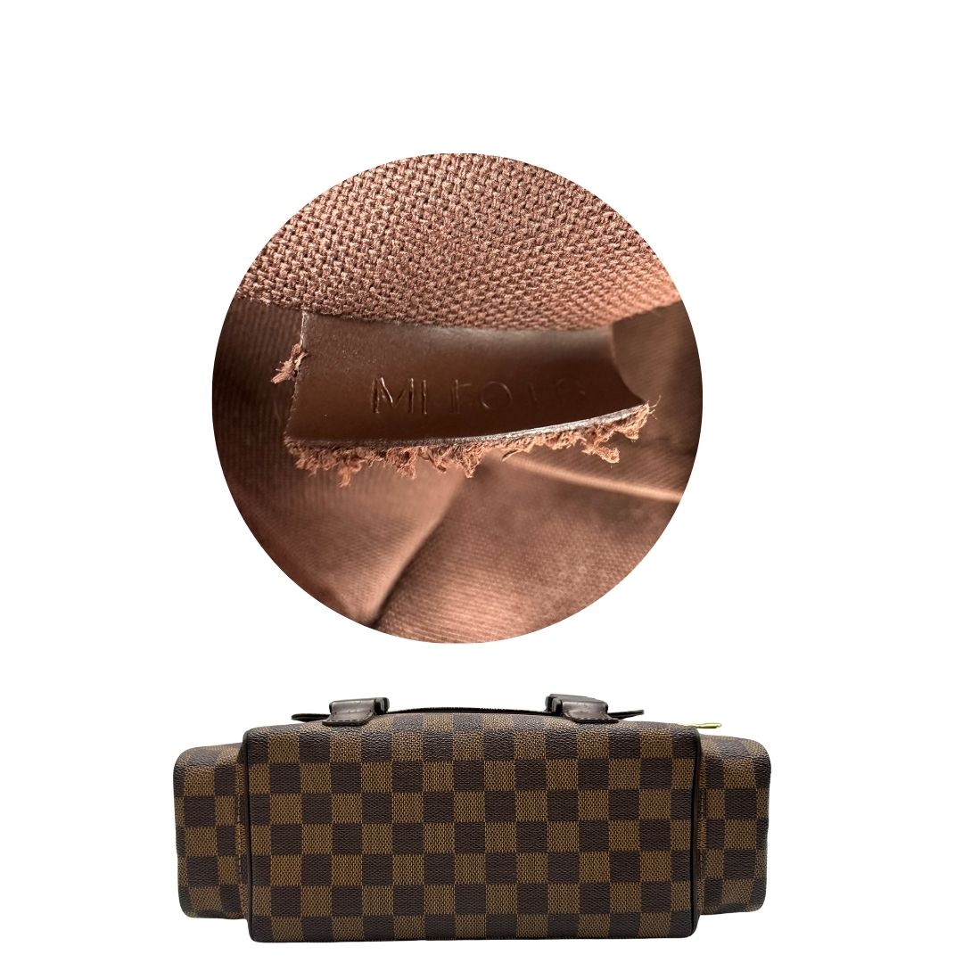 Borsa Louis Vuitton in canvas Damier Ébène con finiture in pelle marrone e dettagli hardware dorati. Design elegante e funzionale, di lusso, originale